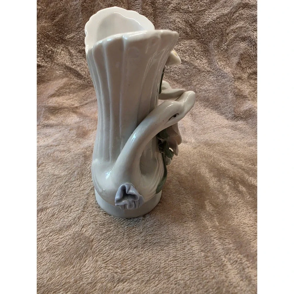 Vintage Porcelain Double Swan Vase with 3D Pink Rose Floral Accents Ceramic